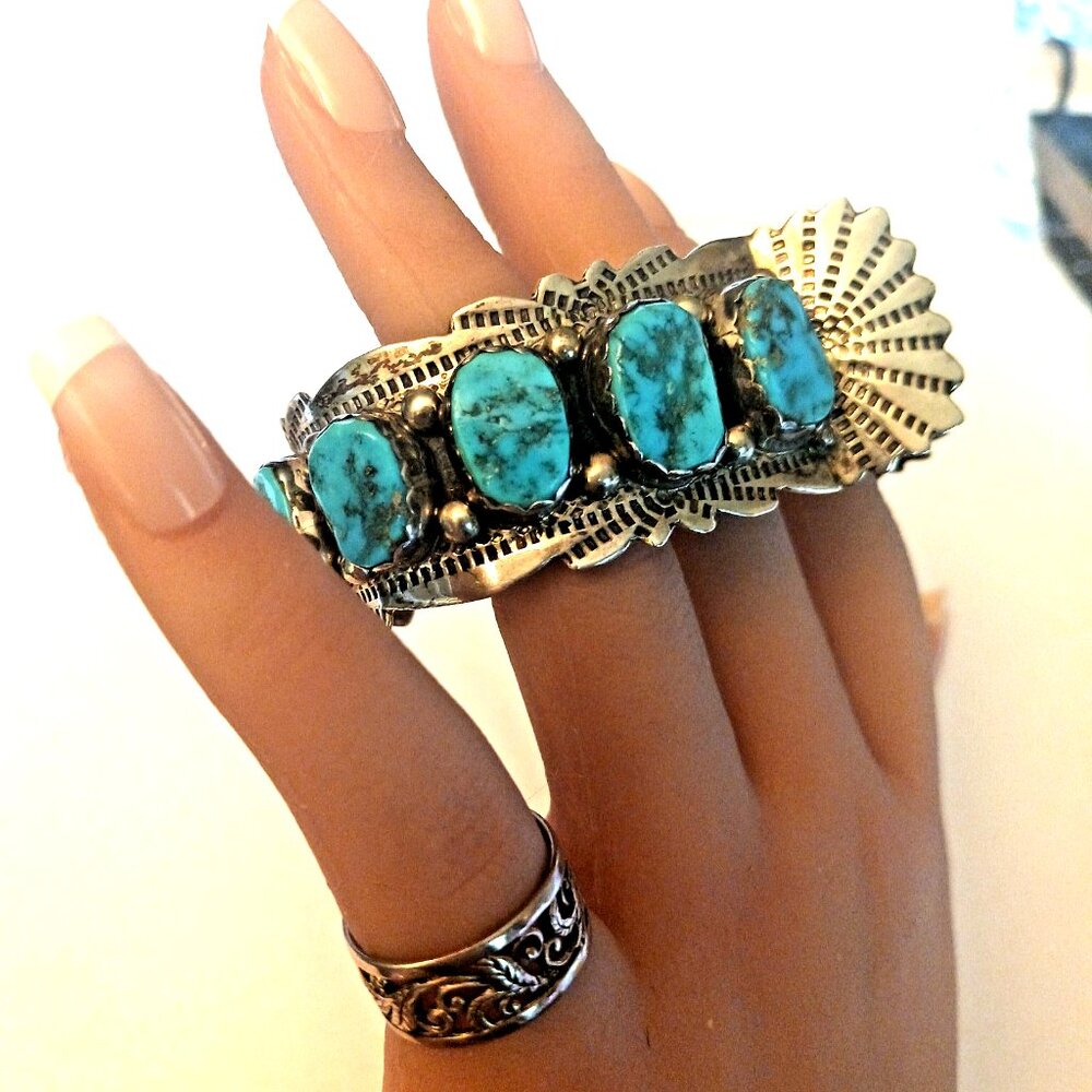 Vntg Signed Zuni 9pc Turquoise Watch Cuff Sterling 59g  (1585) - Picture 7 of 16